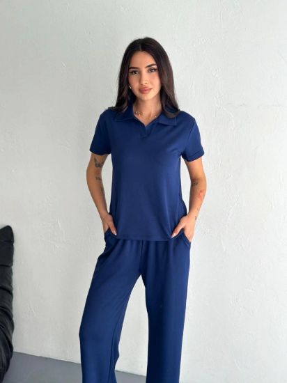 Osy Modal Yumuşak Dokulu Kumaş Kısa Kollu Yakalı T-shirt Pantalon Ikili Takım- Lacivert resmi